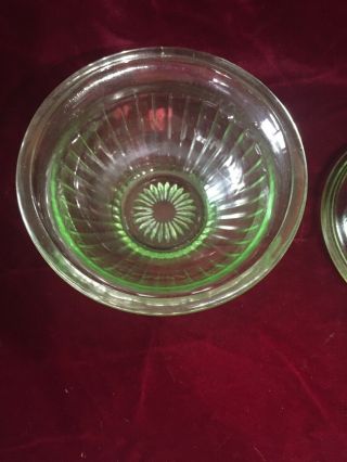 Antique Green Depression Uranium Glass Round Refrigerator Dish Ribbed Paneled 6” 3