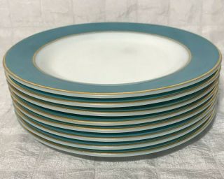 Vintage Pyrex Teal Blue Band Gold Trim White Milk Glass Salad Dessert Plates
