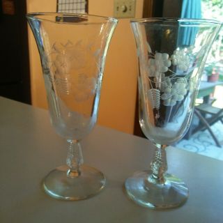 Vintage Etched Crystal Wine Glasses Set Of 2 Flower And Leaf Pattern 7 Inches