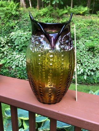 Murano Italian Art Glass Owl Vase 13 " Italy Applied Eyes Pristine Venetian Glass