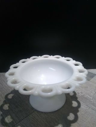 Vintage White Milk Glass Lace Edge Pedestal Candy Dish Dessert Bowl 7” W/ Lid