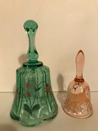 2 Vintage Fenton Signed Bells Hand Painted Pink & Turquoise