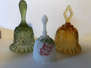 3 Vintage Fenton Hand Painted Art Glass Bells Gold Threaded Green Pink Signed
