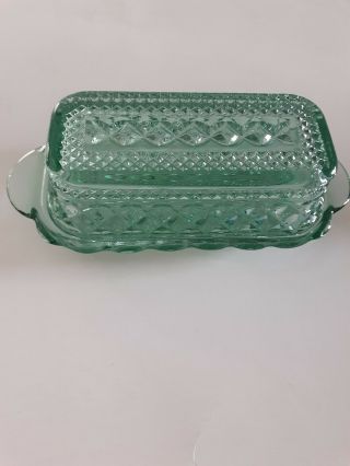 Vintage Green Cut Glass Covered Butter Dish
