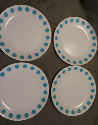Set Of 4 Vintage Corelle Southbeach Acqua Polka Dot 10 " Dinner Plates
