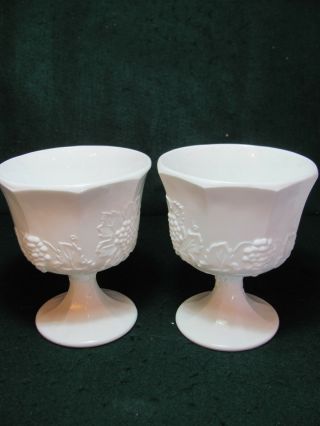 Vintage Milk Glass Grape & Vine Pattern Pedestal Vases