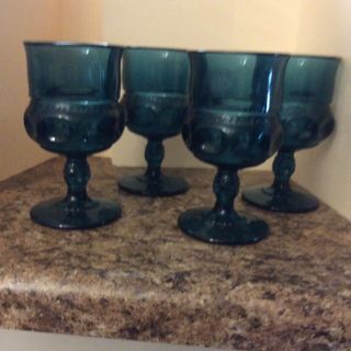 4 - Cobalt Blue 5 1/2” Thumb Print Footed Glass/ Goblets