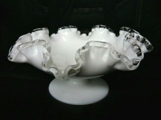 Vintage Fenton Milk Glass Silver Crest Double Crimped Ruffled 8 " Compote Bowl