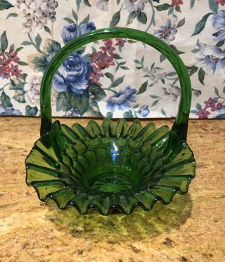 Vintage Emerald Forest Green Glass Basket With Handle Ruffled Edge Wow