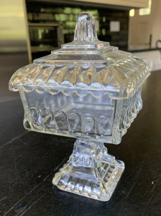 Vintage Mini Clear Glass Square Pedestal Compote Candy Dish W Lid Wedding Box