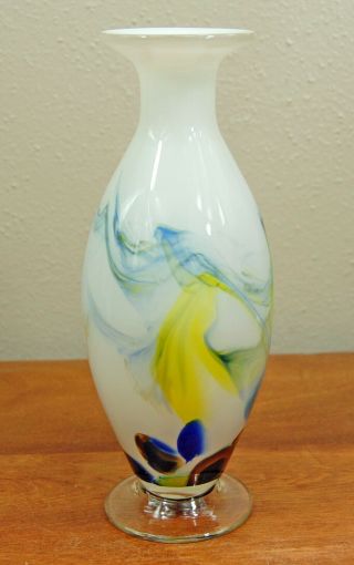 Vintage Art Glass Bud Vase White W/ Blue,  Yellow Swirls Clear Base 9 "
