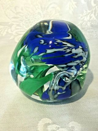 Oval Hand - Blown Blue White & Green Swirl Art Glass Paperweight - Signed