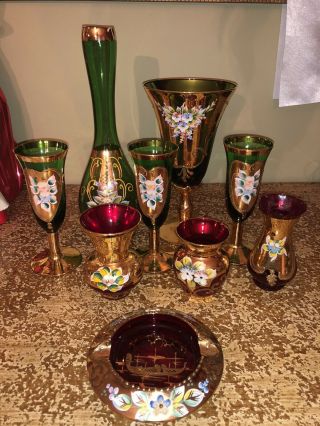 Vintage Art Deco Green,  Red Glass Hand Painted Flowers Glasses Ashtray Vase Set