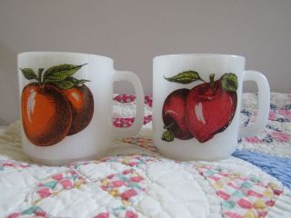 Set Of 2 Vtg Glassbake Milk Glass Coffee Mugs Fruits Apple Peach