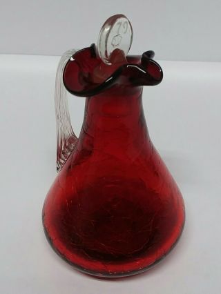 Vintage Ruby Red Crackle Glass Cruet Vinegar Bottle W/ Stopper Applied Handle