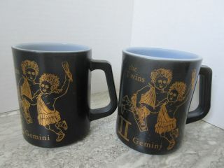 2 Old Vintage Black Federal Milk Glass Coffee Mugs Gemini Zodiac
