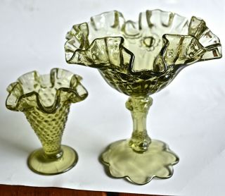 Vintage Fenton Art Glass Compote Candy Dish & Small Hobnail Vase