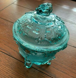 Vintage Blue Green Depression Glass Candy Jelly Dish Footed With Lid