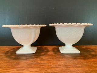2 Pc Vintage White Milk Glass Lace Edge Footed Candy Dessert Dish Bowls Embossed