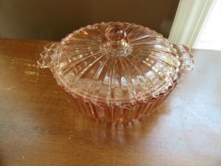 Vintage Pink Ribbed Depression Glass Covered Candy Dish Lid Handles Trinket