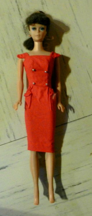 Vtg Barbie Midge 1962 Swirl Ponytail Brunette In Tagged Red Sheath Dress