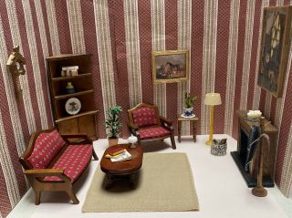 Miniature Dollhouse Vintage Living Room Furniture Sofa Chair Plants Table 1:12