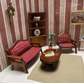 miniature dollhouse vintage living room furniture sofa chair plants table 1:12 2