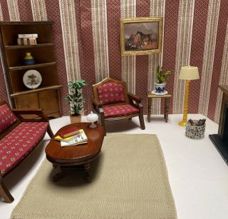 miniature dollhouse vintage living room furniture sofa chair plants table 1:12 3
