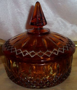 Vintage Collectible Amber Glass Compote Dome Lid Cover Bowl Dish Diamond Pattern