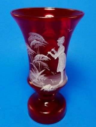 Vintage Murano Italian Red Glass Vase With Mary Gregory Style Hand Painted.