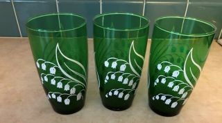 3 - Vintage Retro Anchor Hocking Forest Green Lily Of The Valley Glasses Tumbler