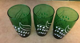 3 - Vintage Retro Anchor Hocking Forest Green Lily of the Valley Glasses Tumbler 2