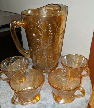 Vintage Jeanette Iridescent Marigold Carnival Glass Pitcher & 4 Cups - 5 Pc Set
