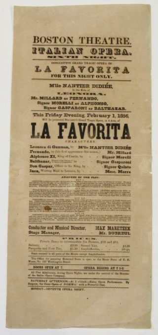 1856 Italian Opera Broadside Boston Theatre Donizetti La Favorita Nantier Didiee