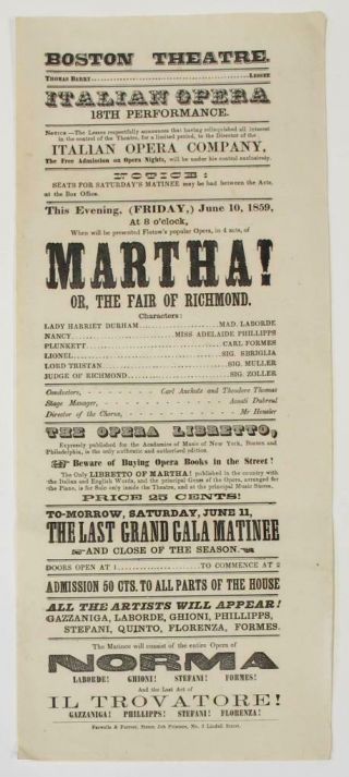 1859 Italian Opera Broadside Boston Theatre Flotow Martha And Bellini Norma