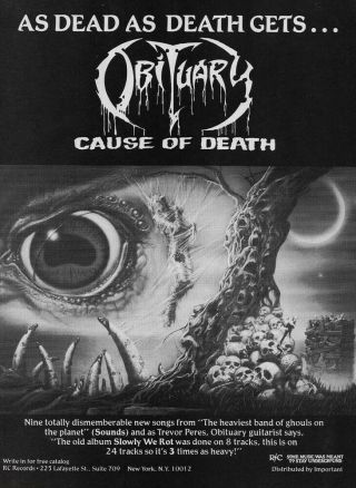 Obituary Cause Of Death Rc Records 1990 8x11 Promo Poster Ad