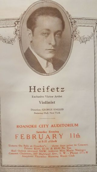 Rare Vintage 1928 Violinist Jascha Heifetz Program,  Flyer,  Stub Roanoke,  Va