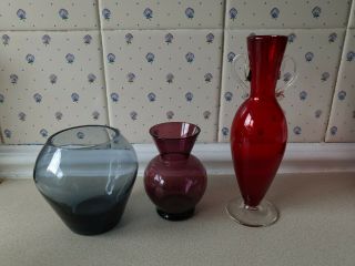 3 X Vintage Art Glass Vases Red Amethyst And Grey