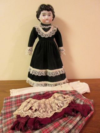 15 " Antique German China Head Doll 1890/1900 Black Molded Hair 0rigional Body