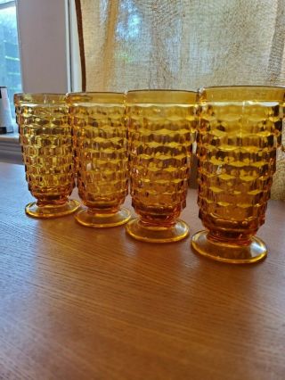 Set Of 4 Vintage Amber Cubist Indiana Whitehall Ice Tea Water Footed Glasses