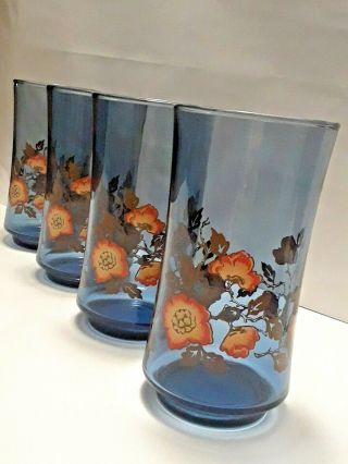 Vtg Set Of 4 Libbey By Franco Blue Drinking Glasses Orange Poppies Floral