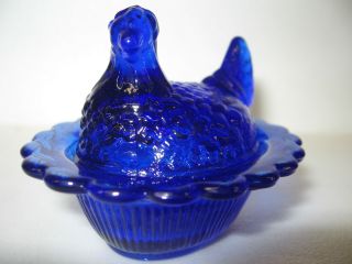 Cobalt Blue Glass Salt Cellar Hen Chicken On Nest Basket Dish Chick Dip Navy Art