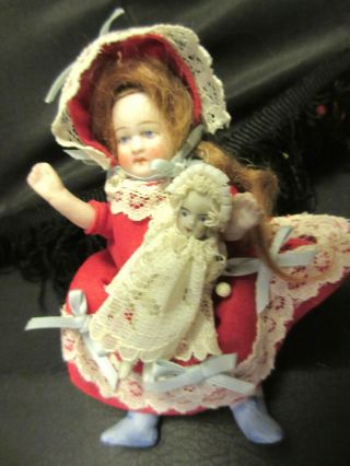 Antique 5 " Miniature Bisque/porcelain Girl Doll Jointed Arms & Legs W Baby Doll
