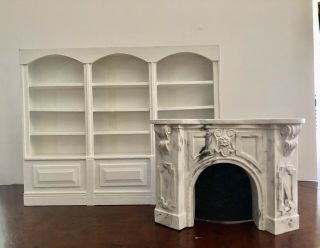 Dollhouse Miniature Library Bookcase And Marble Mantel Fireplace Furniture 1:12