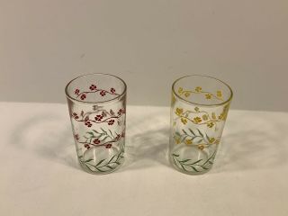 2 Vintage ‘50s 60s Juice Glasses Tumblers W/ Red Yellow Flowers