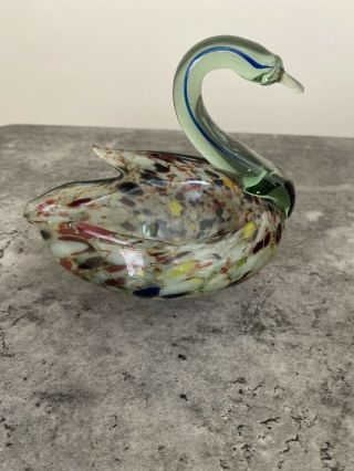 Vintage Retro 1960s / 70s Hand Blown Mottled Murano Style Art Glass Swan Bowl