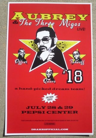 Aubrey & The 3 Migos 2018 Pepsi Center Drake Denver Promo 11x17 Concert Poster