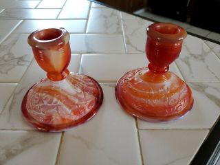Vintage Imperial Red Orange Swirl Slag Glass Candle Holder Mid - Century