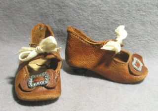 Antique - Vintage Doll Shoes - Soft Brown Leather W/buckles & Wood Heels