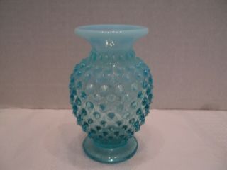 Small,  Fenton,  Blue,  Hobnail,  Vase - 3.  75 " Tall With Flat Opalescent Top